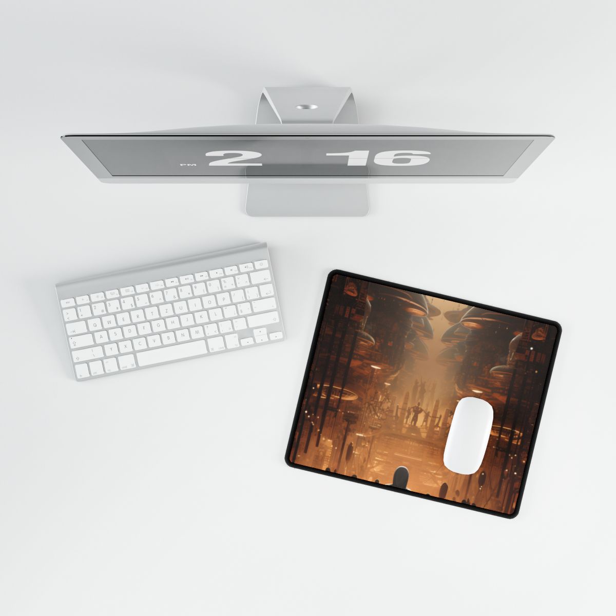 Futuristic Tribal Gathering: Vibrant Colors Digital Artwork - Desk Mat