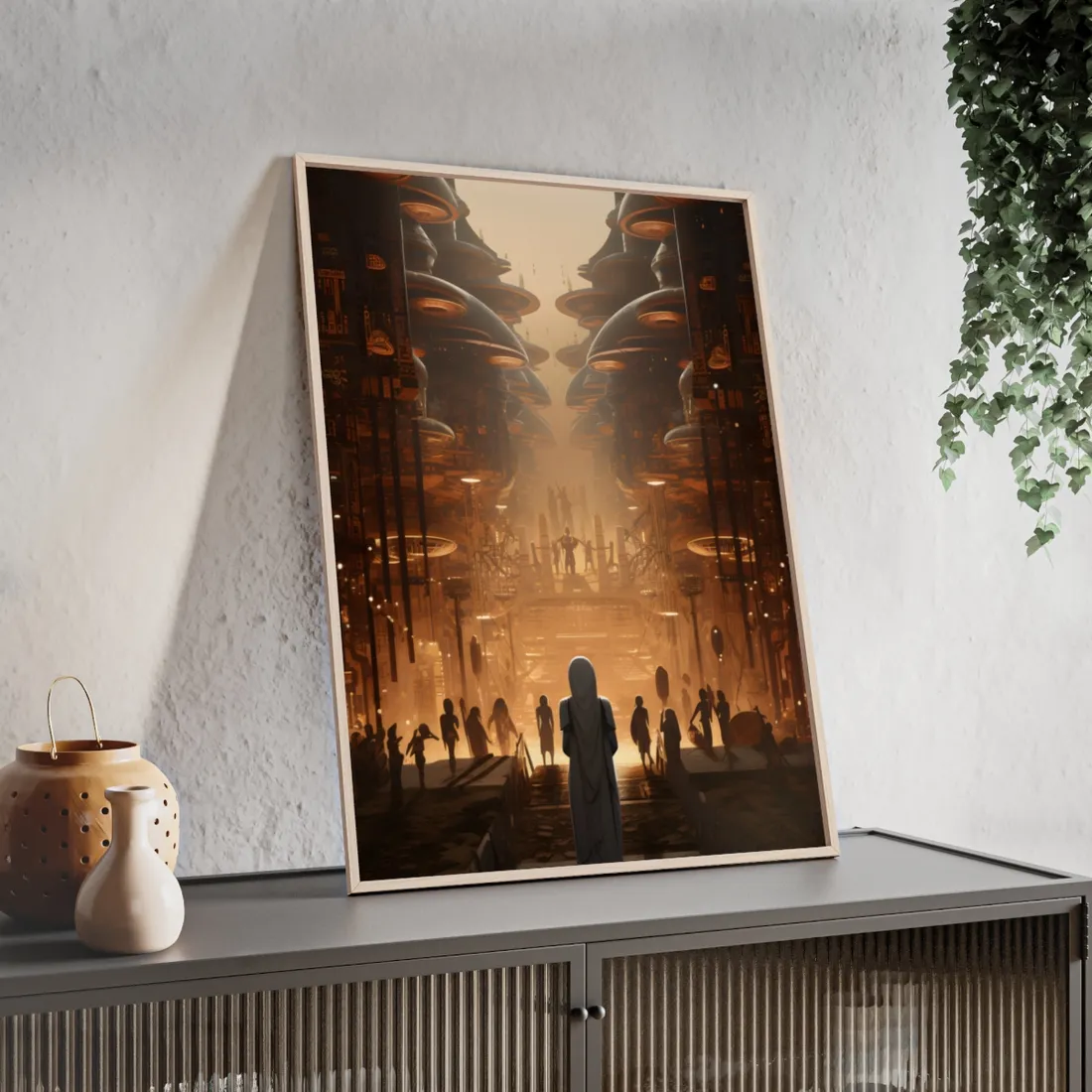 Futuristic Tribal Gathering: Vibrant Colors - Framed Poster