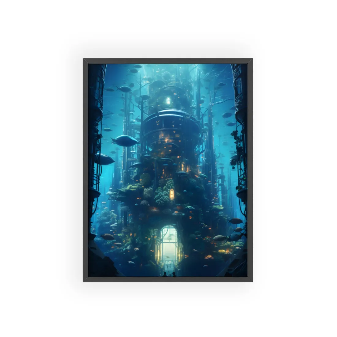 Futuristic Underwater City: Blue Horizon Digital Art - Framed Poster