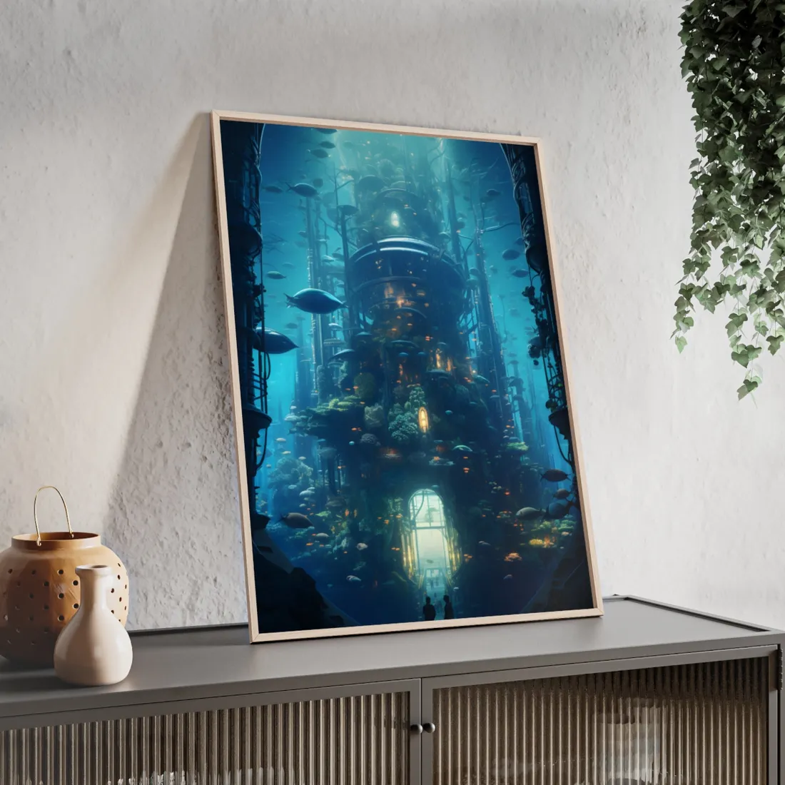 Futuristic Underwater City: Blue Horizon Digital Art - Framed Poster