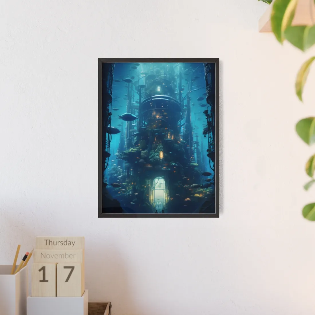 Futuristic Underwater City: Blue Horizon Digital Art - Framed Poster