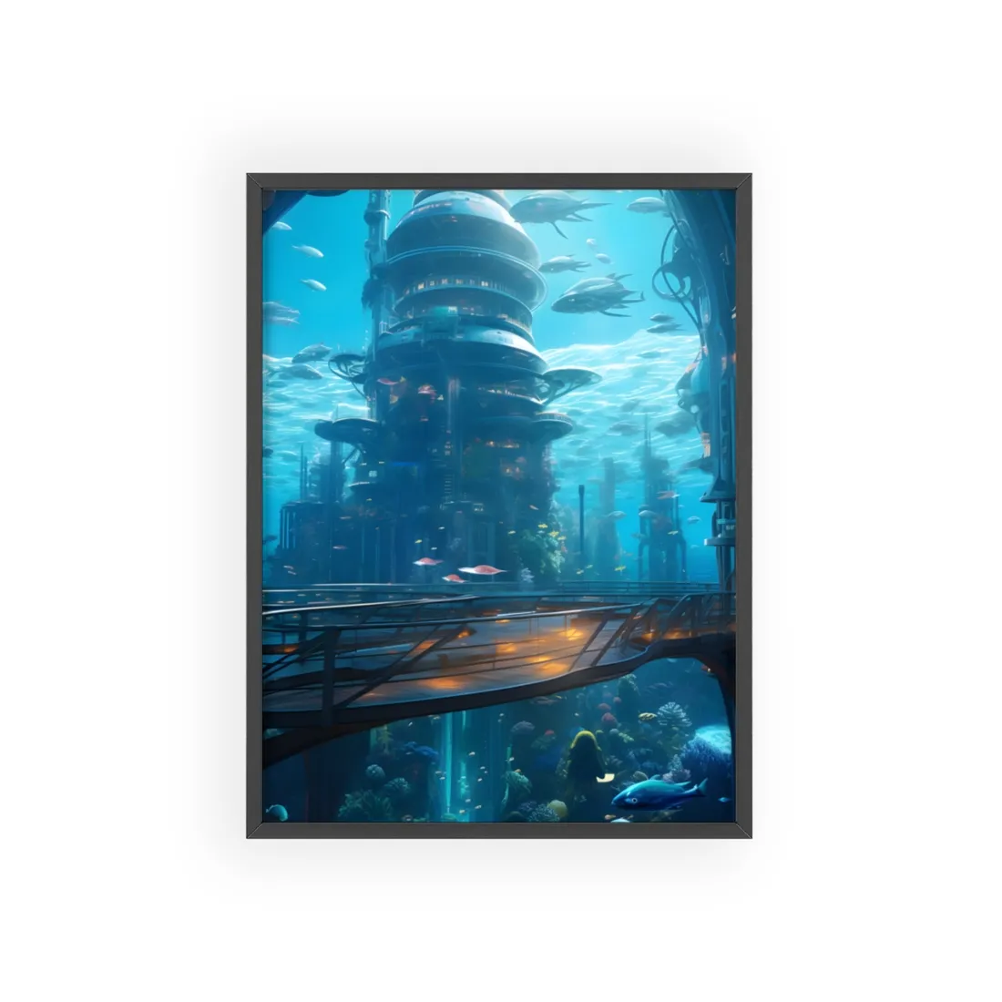 Futuristic Underwater City: Circular Platform in Metropol - Framed Poster