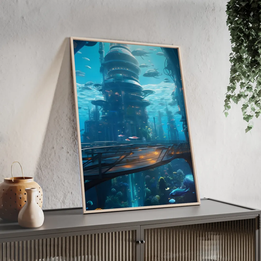 Futuristic Underwater City: Circular Platform in Metropol - Framed Poster