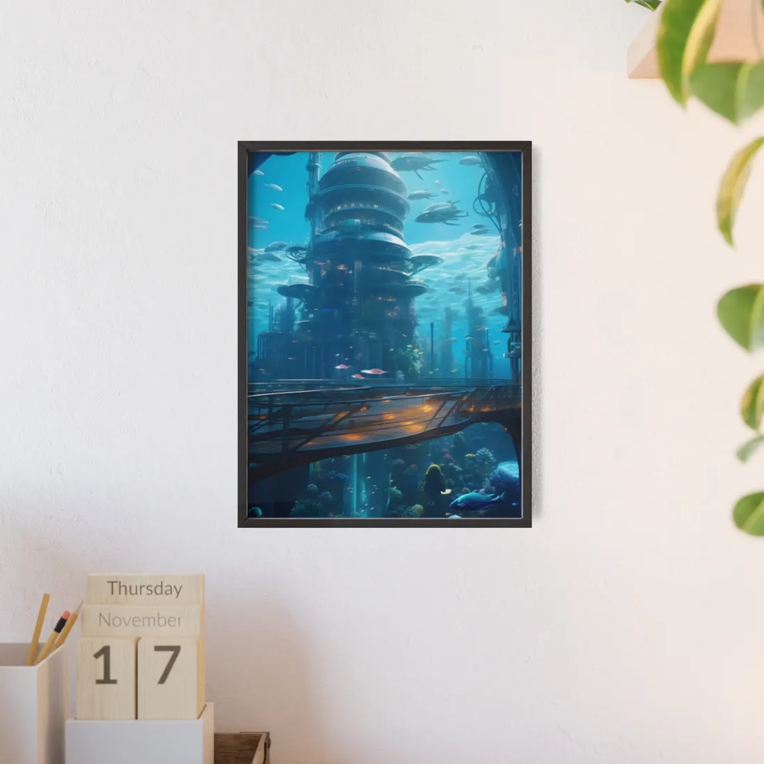 Futuristic Underwater City: Circular Platform in Metropol - Framed Poster