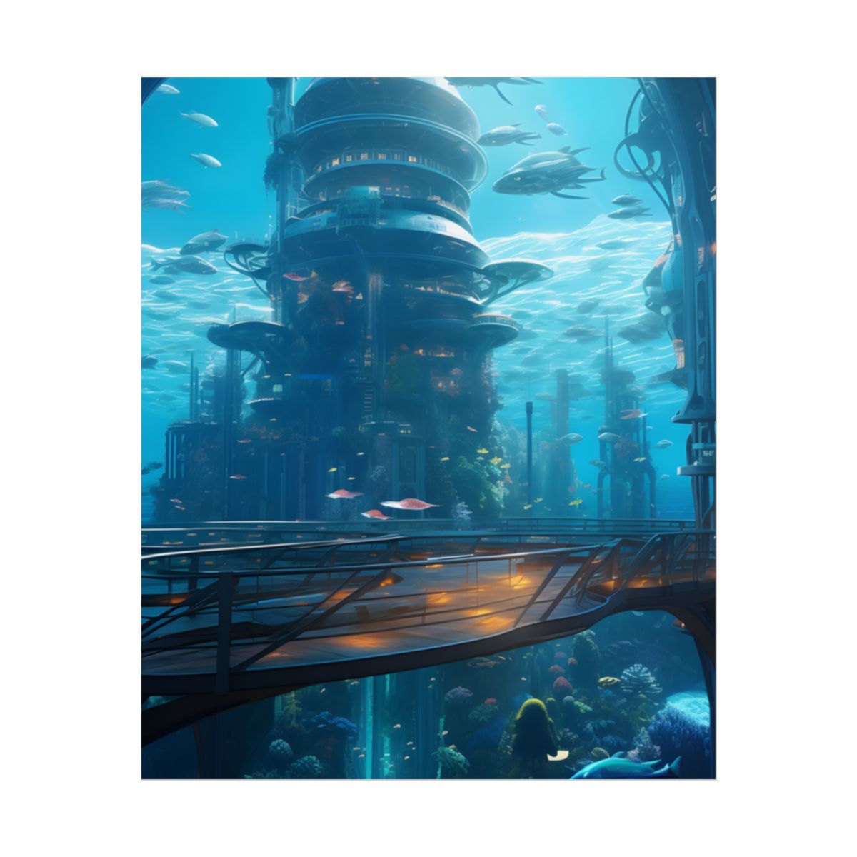 Futuristic Underwater City: Circular Platform in Metropol - Poster