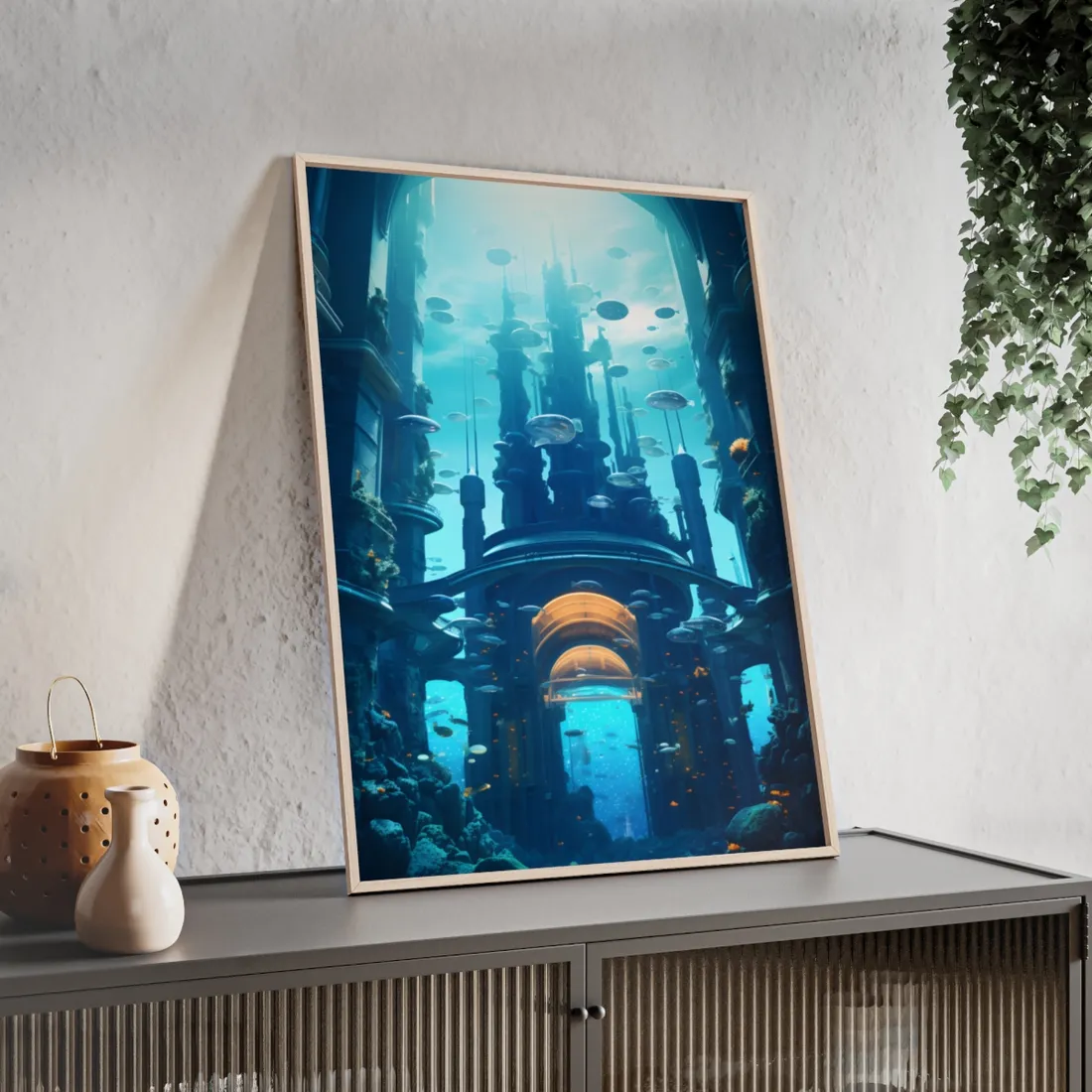 Futuristic Underwater Metropolis: Glass Cityscape - Framed Poster