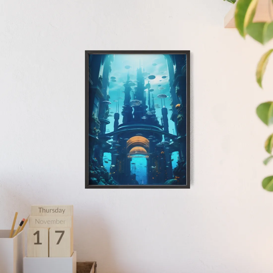 Futuristic Underwater Metropolis: Glass Cityscape - Framed Poster