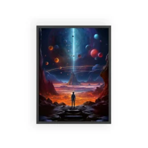 Figure Facing Alien Planet Landscape Framed Poster
