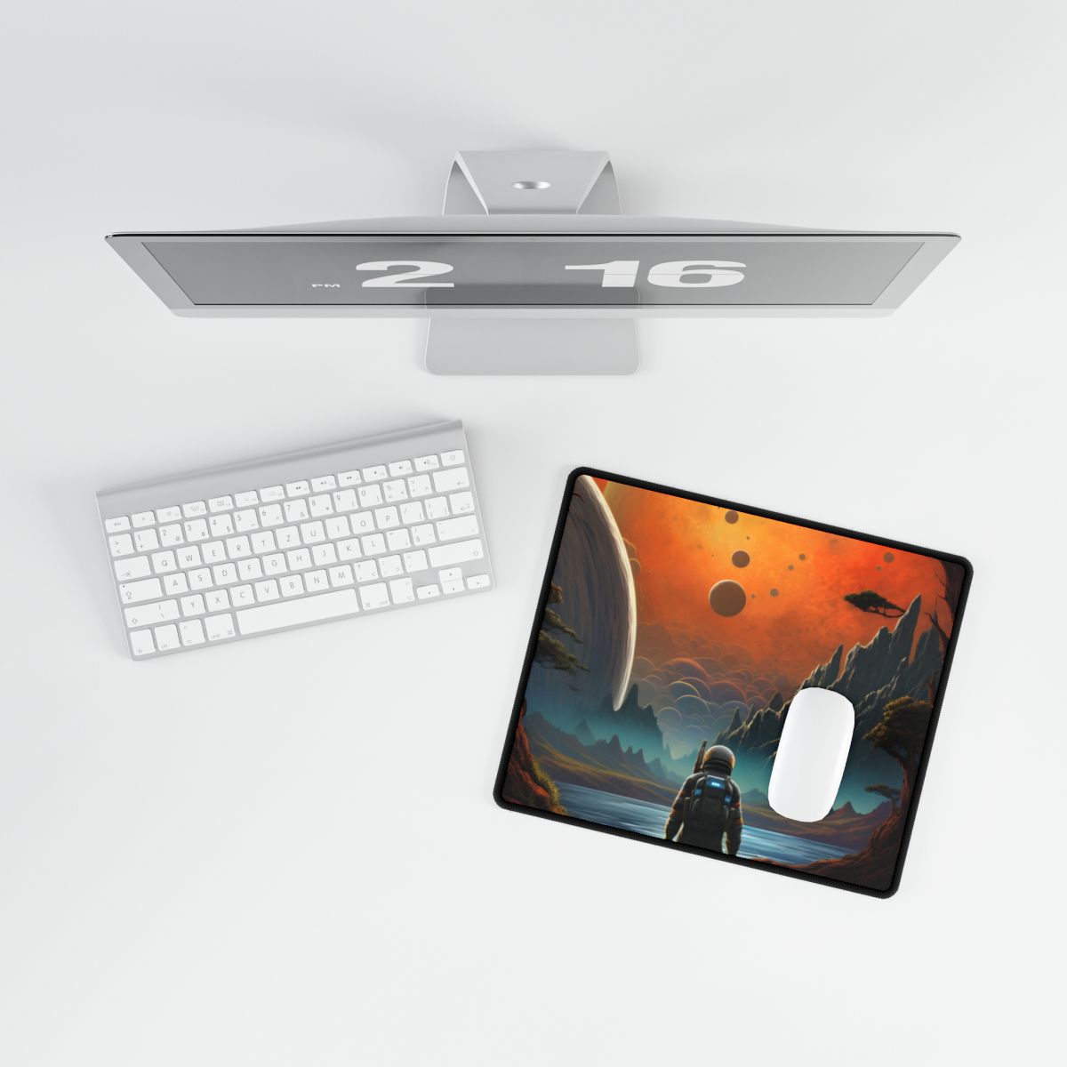 Futuristic Wilderness Explorer: Jetpack Adventure Art - Desk Mat