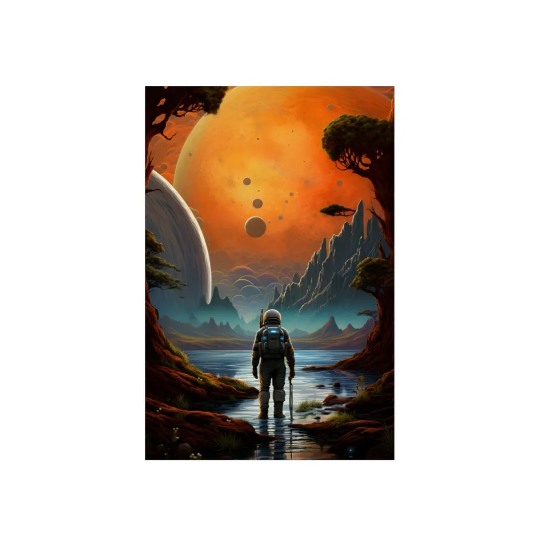 Futuristic Wilderness Explorer: Jetpack Adventure Art - Metal Poster