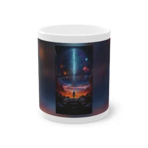 Figure Facing Alien Planet Landscape Mug