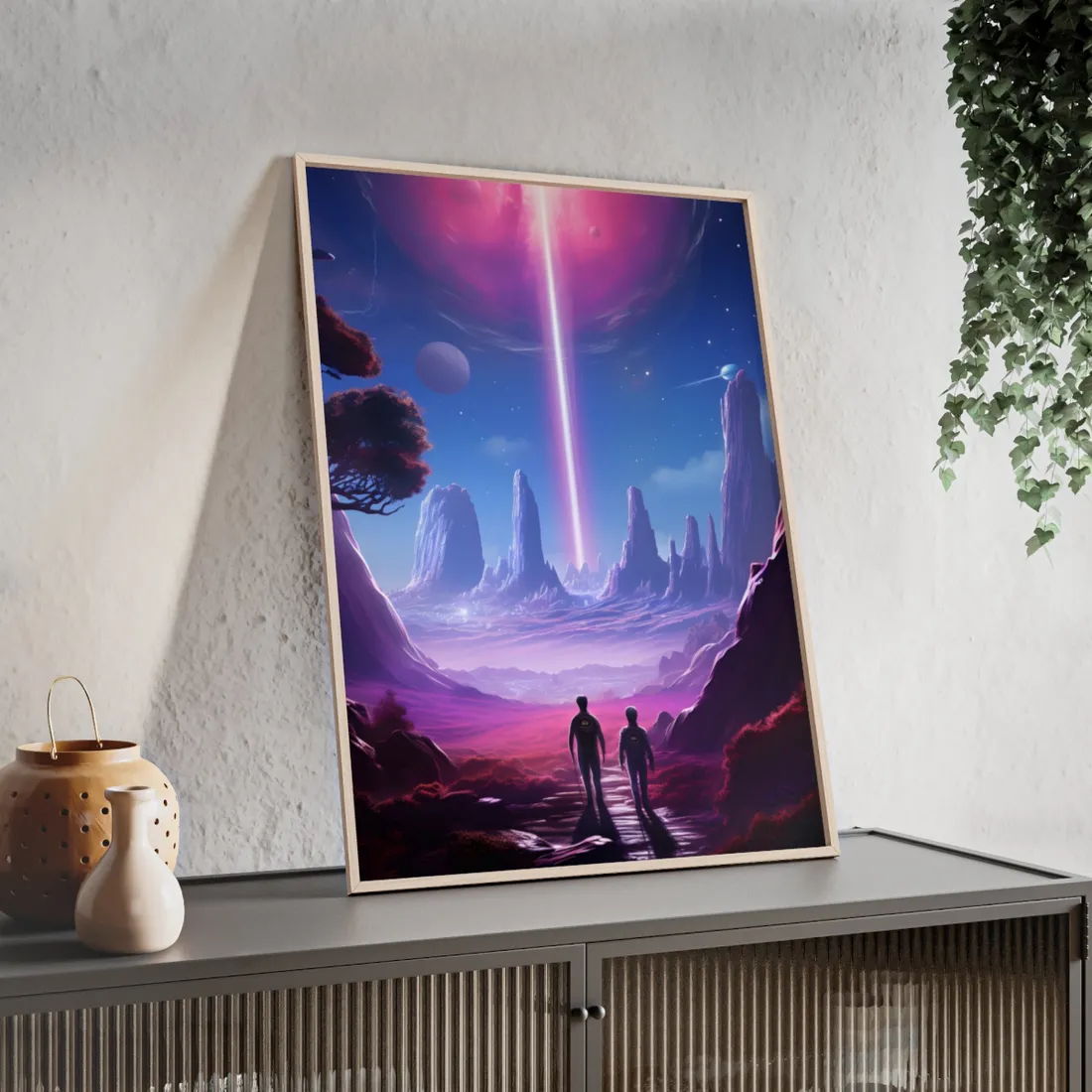Futuristic Wilderness Explorer: Sci-Fi Artwork with Advanced Tool - Framed Poster