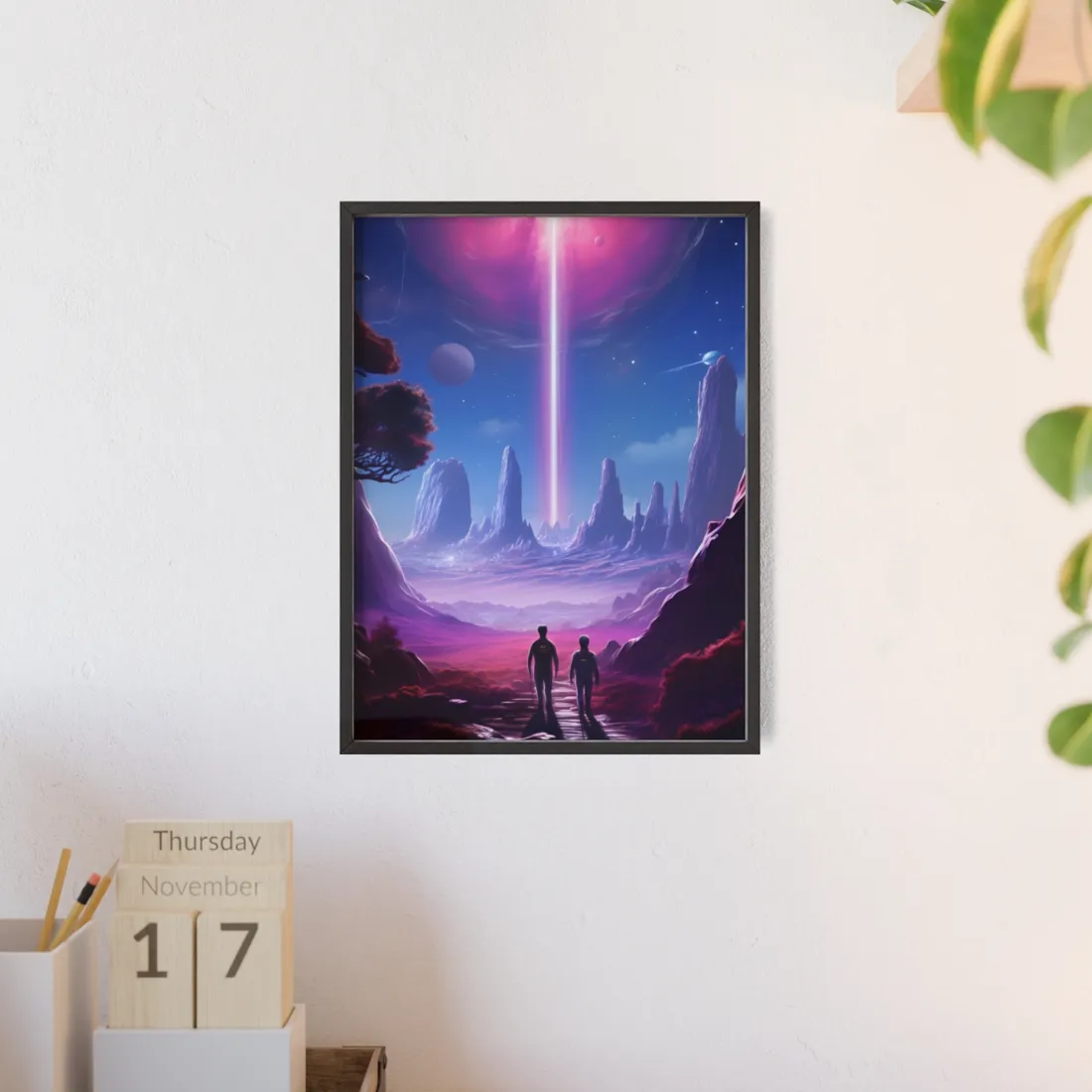 Futuristic Wilderness Explorer: Sci-Fi Artwork with Advanced Tool - Framed Poster