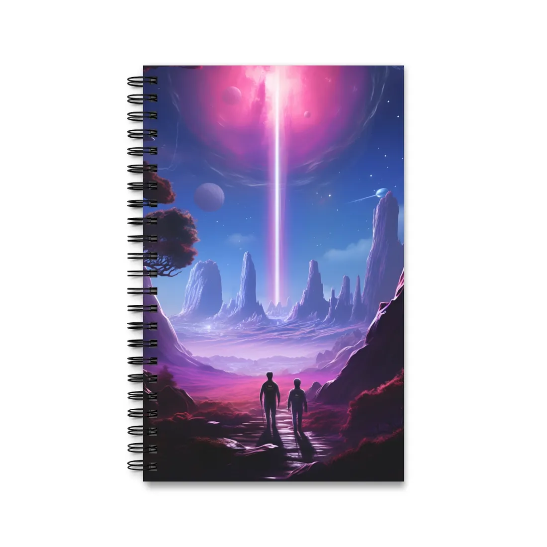 Two figures walk toward a glowing pink orb and light beam over alien spires – Spiral Notebook, view 1