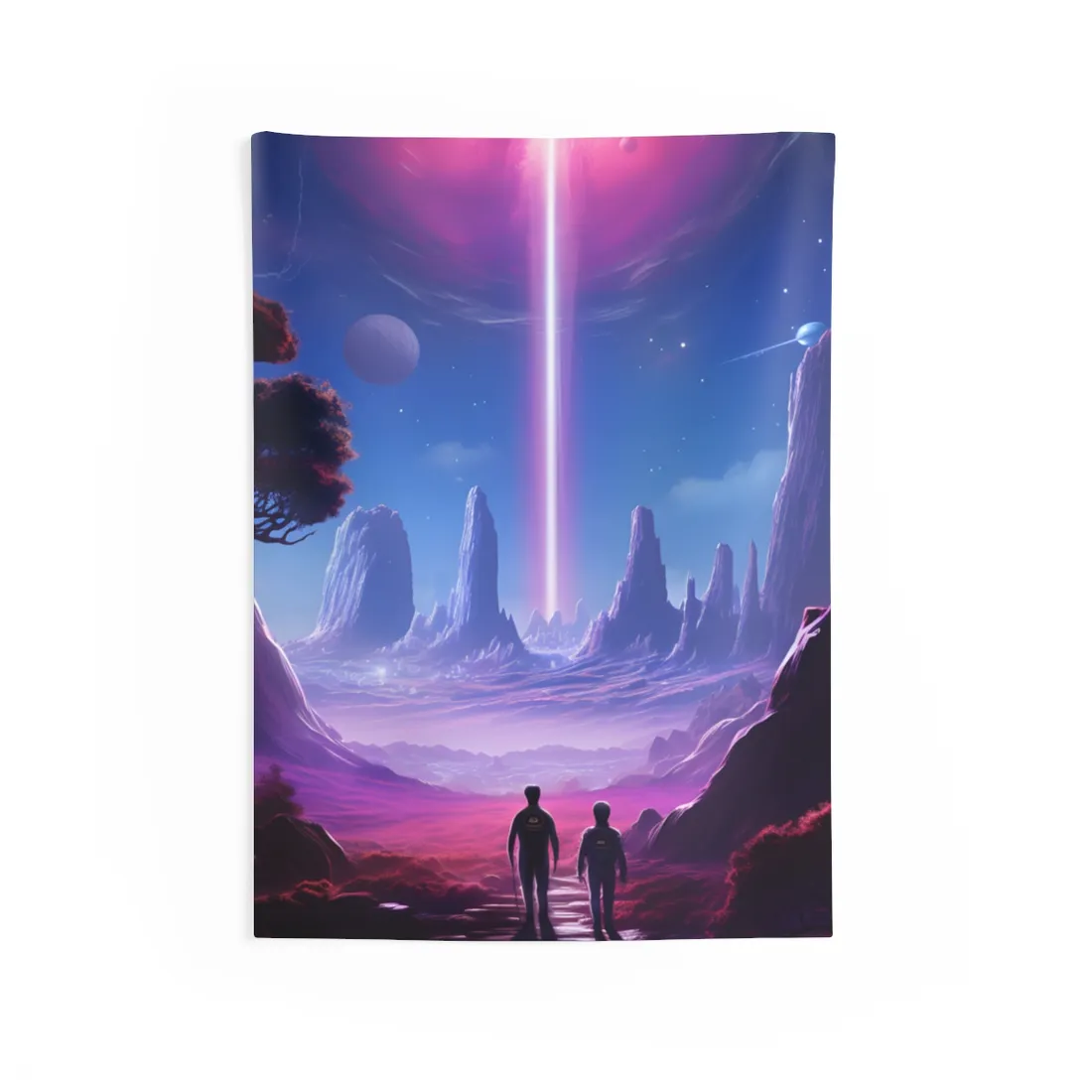 Two figures walk toward a glowing pink orb and light beam over alien spires – Wall Tapestry, view 1