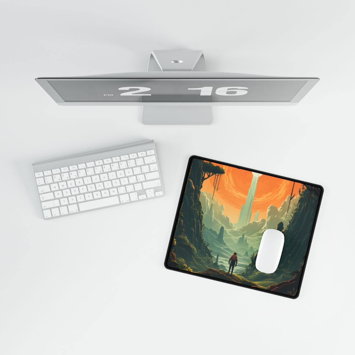 Futuristic Wilderness Explorer: Solo Discovery in Sci-Fi Terrain - Desk Mat