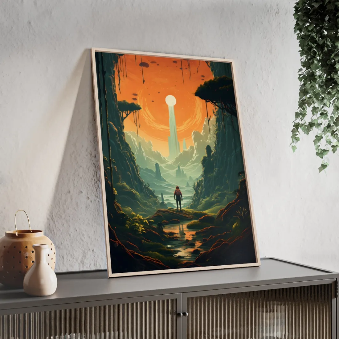 Futuristic Wilderness Explorer: Solo Discovery in Sci-Fi Terrain - Framed Poster