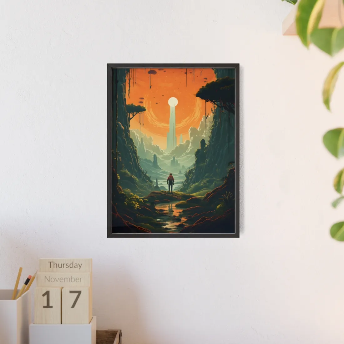Futuristic Wilderness Explorer: Solo Discovery in Sci-Fi Terrain - Framed Poster