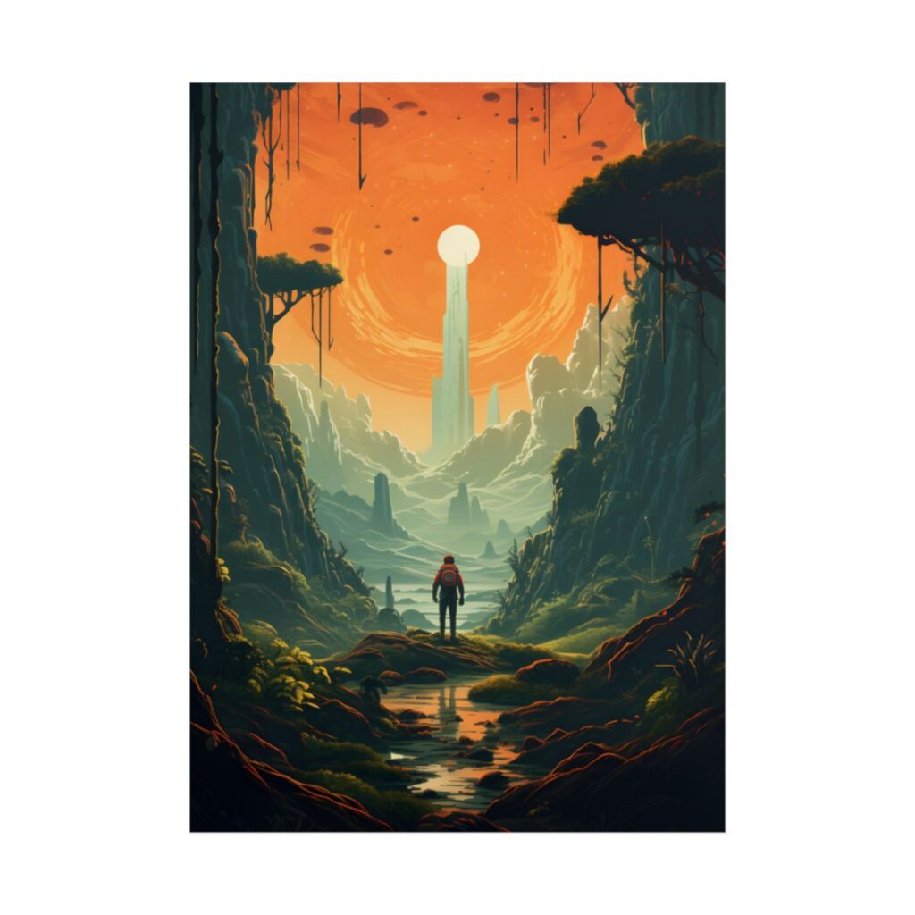 Futuristic Wilderness Explorer: Solo Discovery in Sci-Fi Terrain - Poster