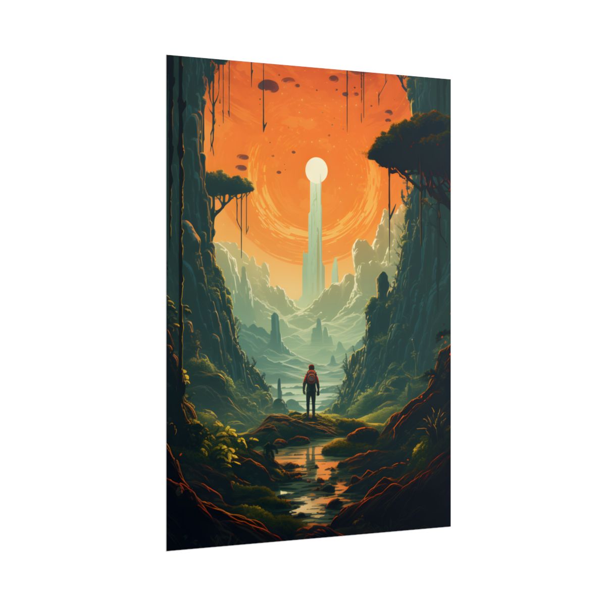 Futuristic Wilderness Explorer: Solo Discovery in Sci-Fi Terrain - Poster
