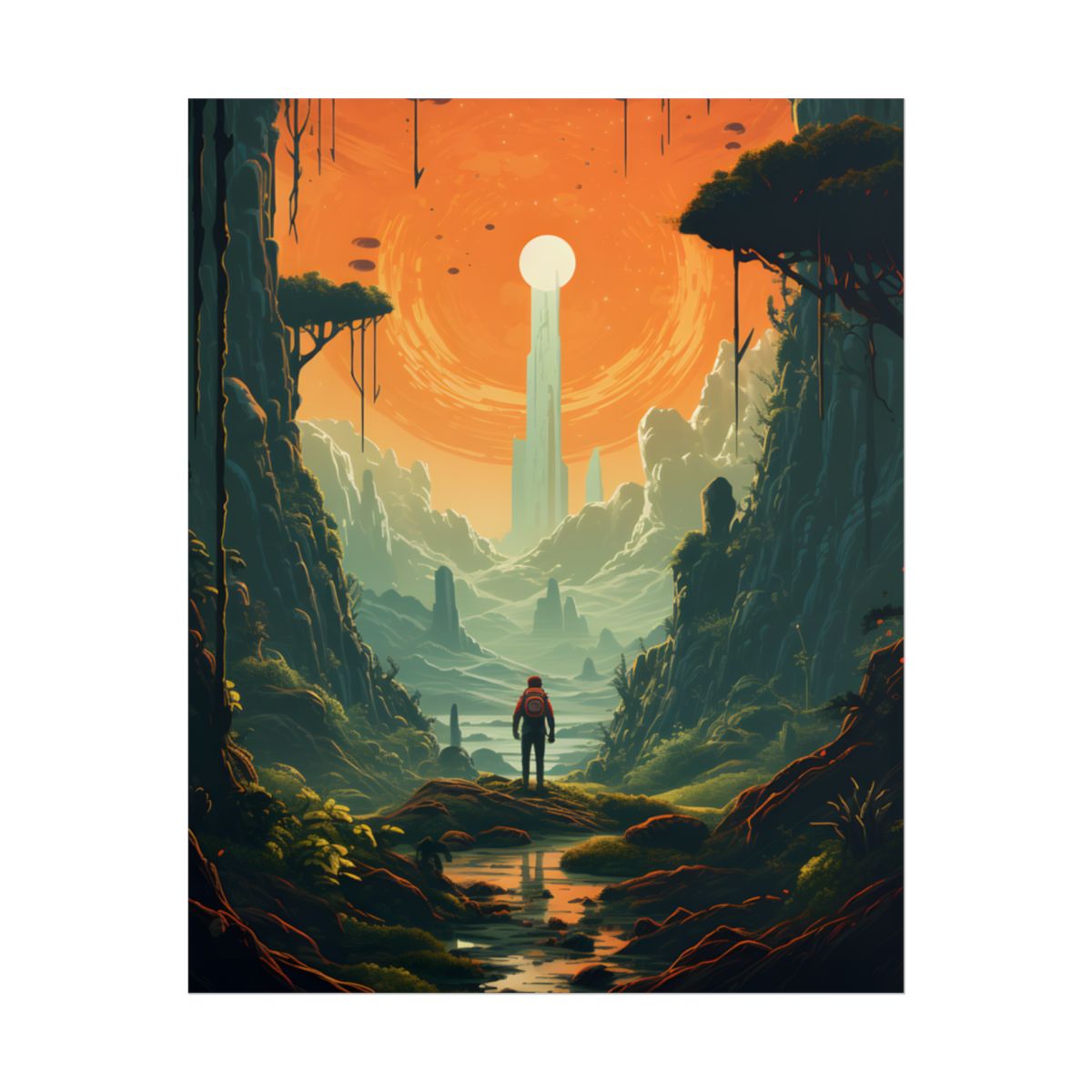 Futuristic Wilderness Explorer: Solo Discovery in Sci-Fi Terrain - Poster