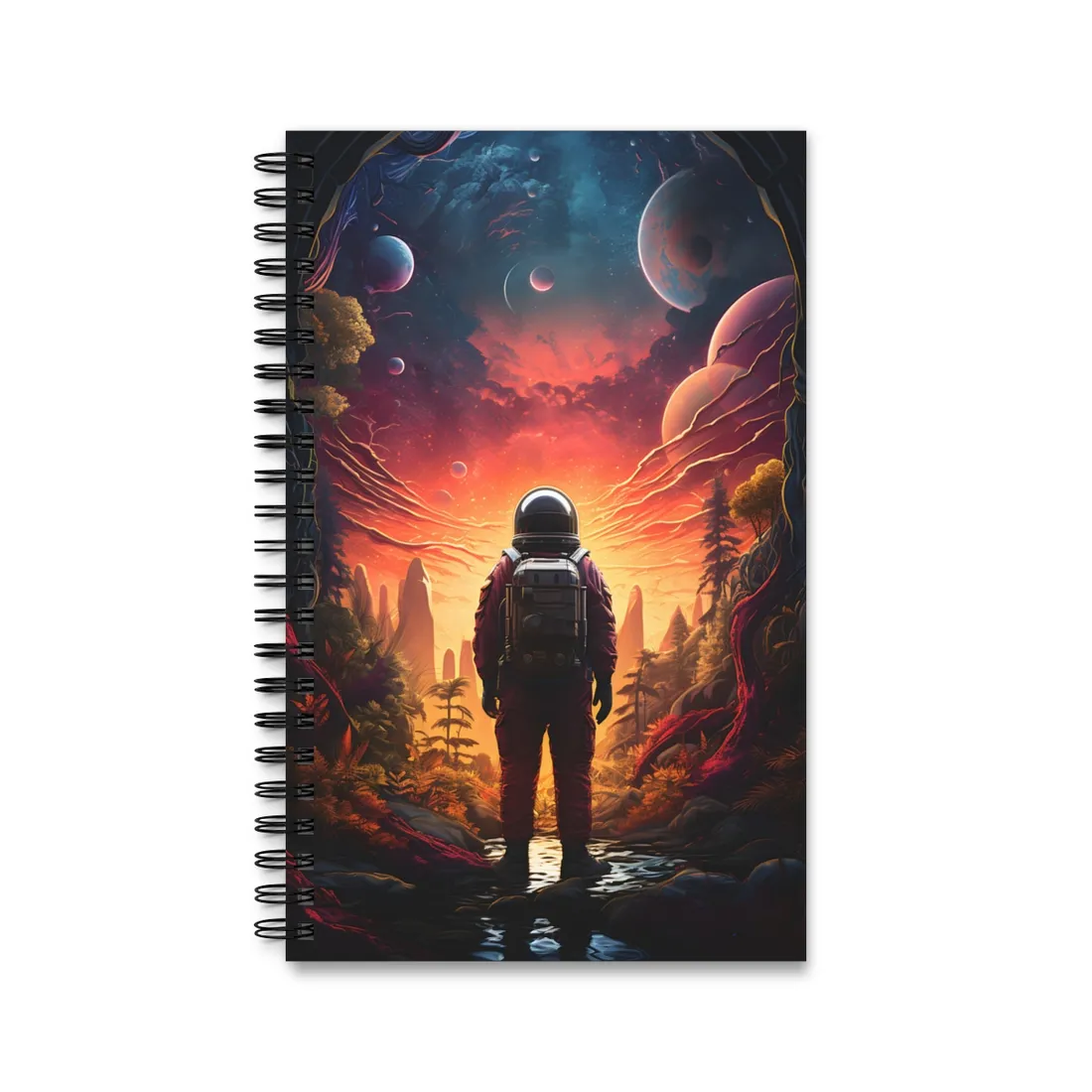 Astronaut in red suit facing a glowing alien landscape with planets overhead – Spiral Notebook, view 1