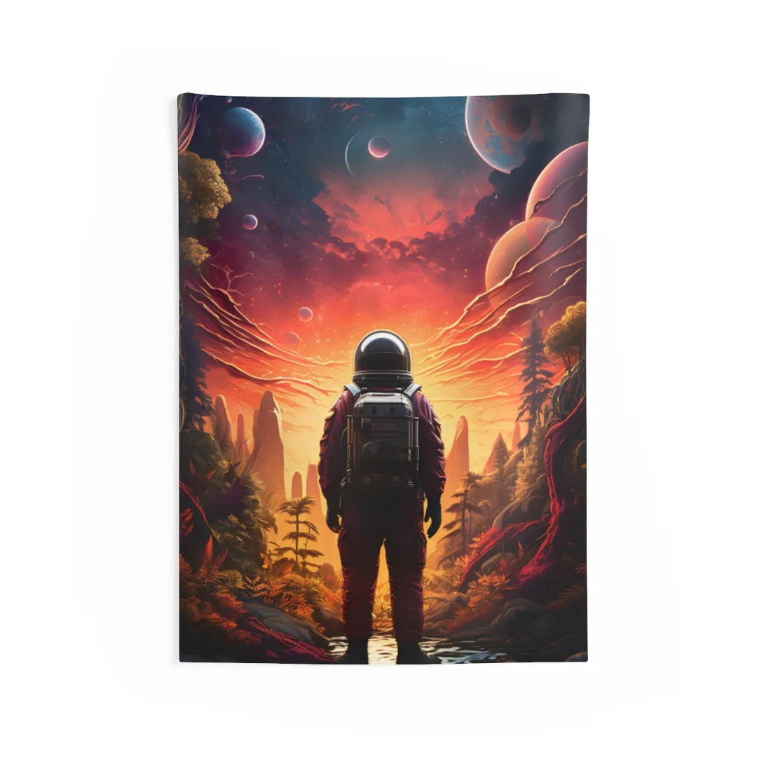 Astronaut in red suit facing a glowing alien landscape with planets overhead – Wall Tapestry, view 1
