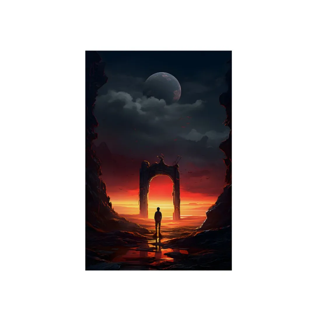 Gateway at Dusk: Silhouette Before a Fiery Arch - Metal Poster