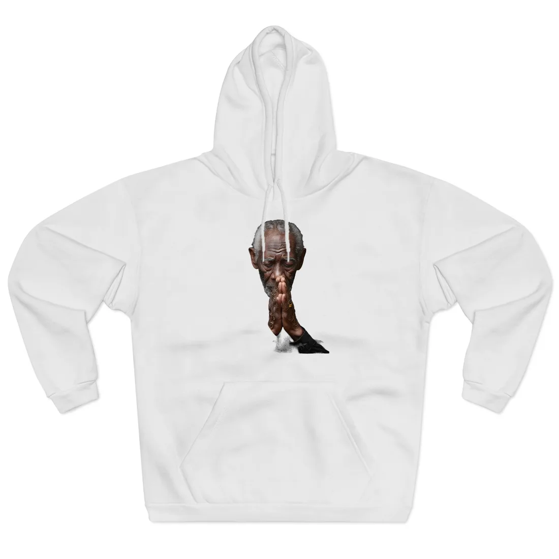 Elderly man with gray hair praying, eyes closed, hands clasped, in black shirt – Hoodie, white