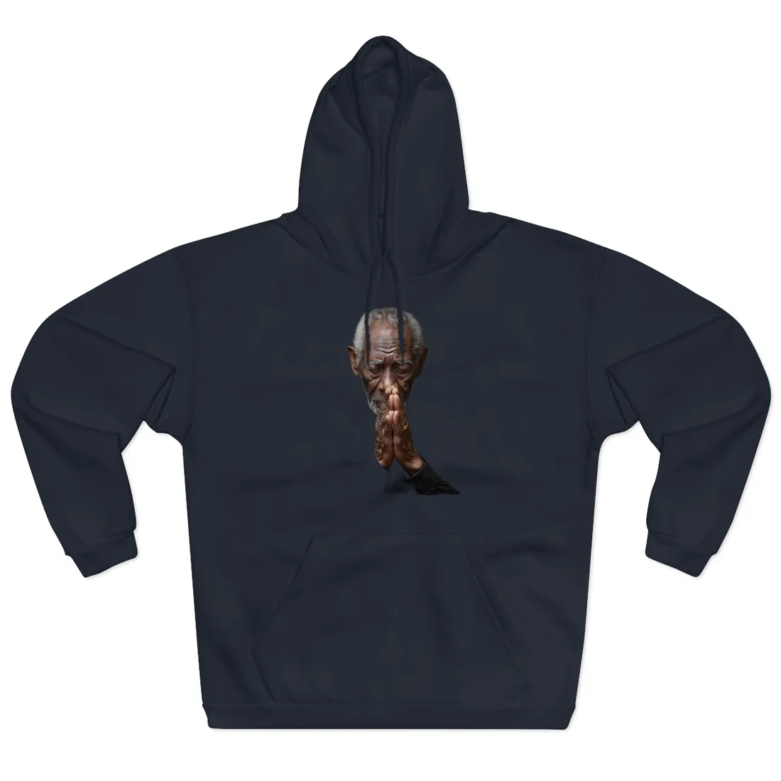 Elderly man with gray hair praying, eyes closed, hands clasped, in black shirt – Hoodie, navy