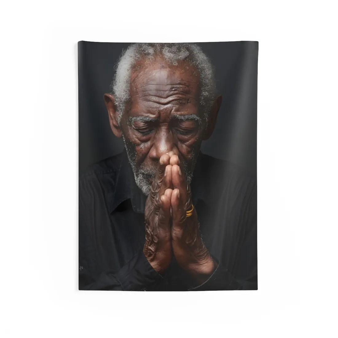 Elderly man with gray hair praying, eyes closed, hands clasped, in black shirt – Wall Tapestry, view 1