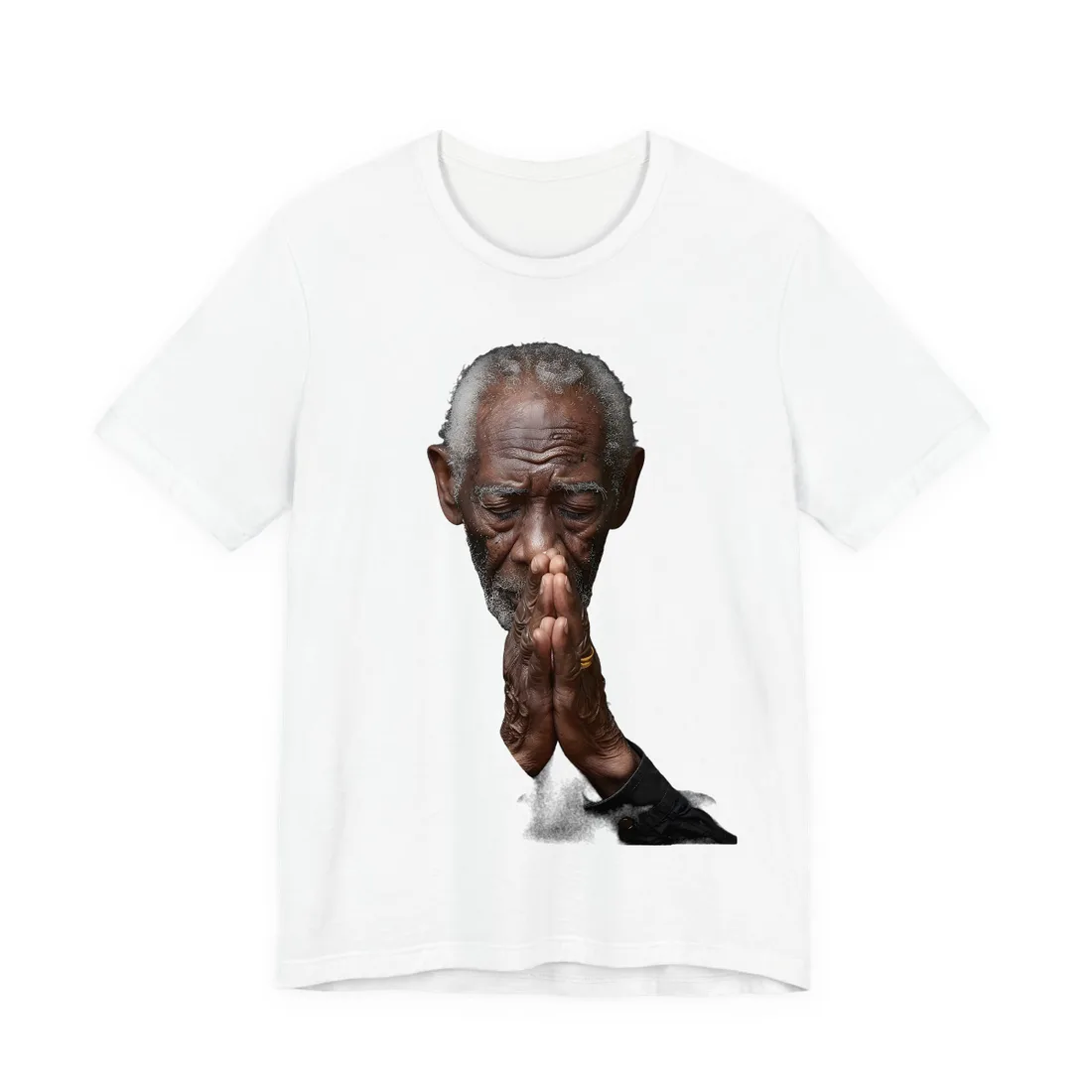 Elderly man with gray hair praying, eyes closed, hands clasped, in black shirt – T-Shirt, white
