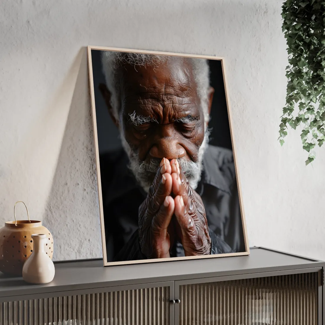 Elderly Man in Quiet Reflection: Heartfelt Portrait – Framed Poster