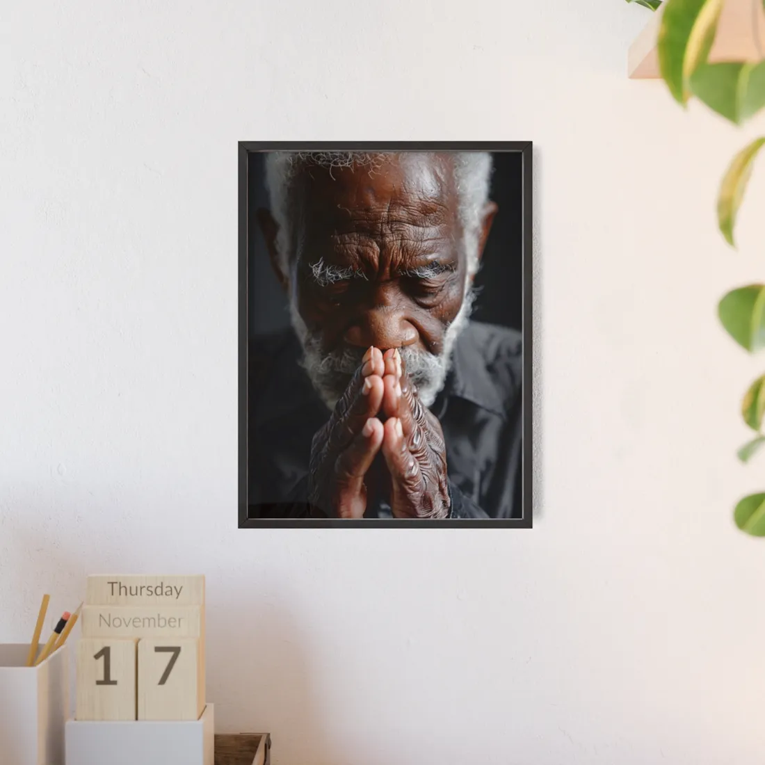 Elderly Man in Quiet Reflection: Heartfelt Portrait – Framed Poster