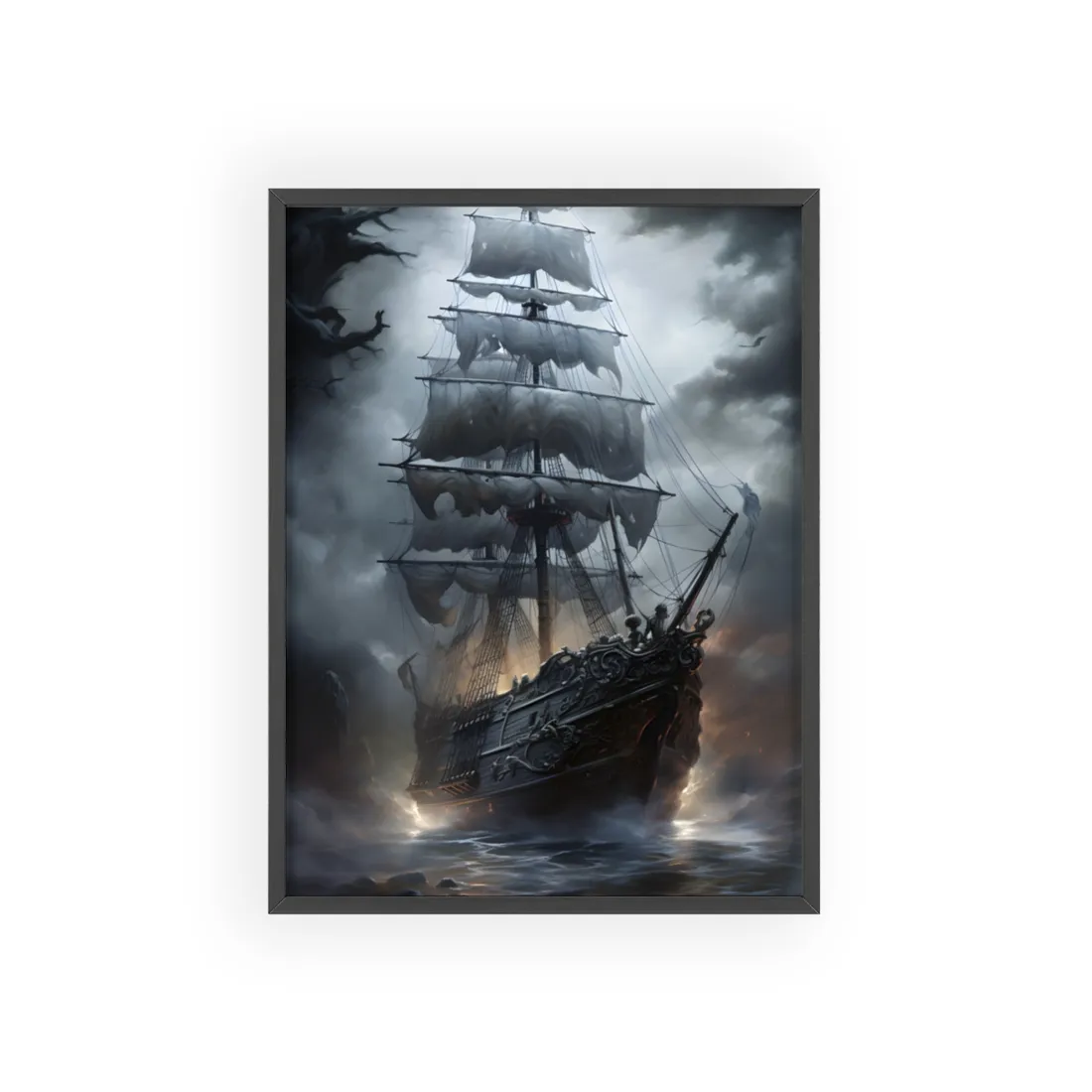 Ghostly Pirate Sails: Abandoned Ship at Sea - Framed Poster