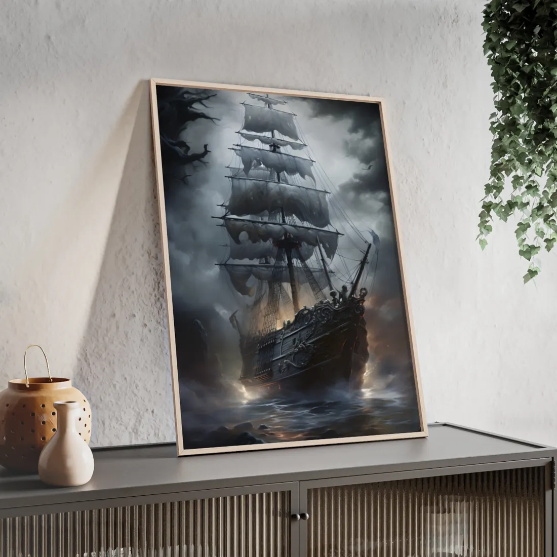 Ghostly Pirate Sails: Abandoned Ship at Sea - Framed Poster