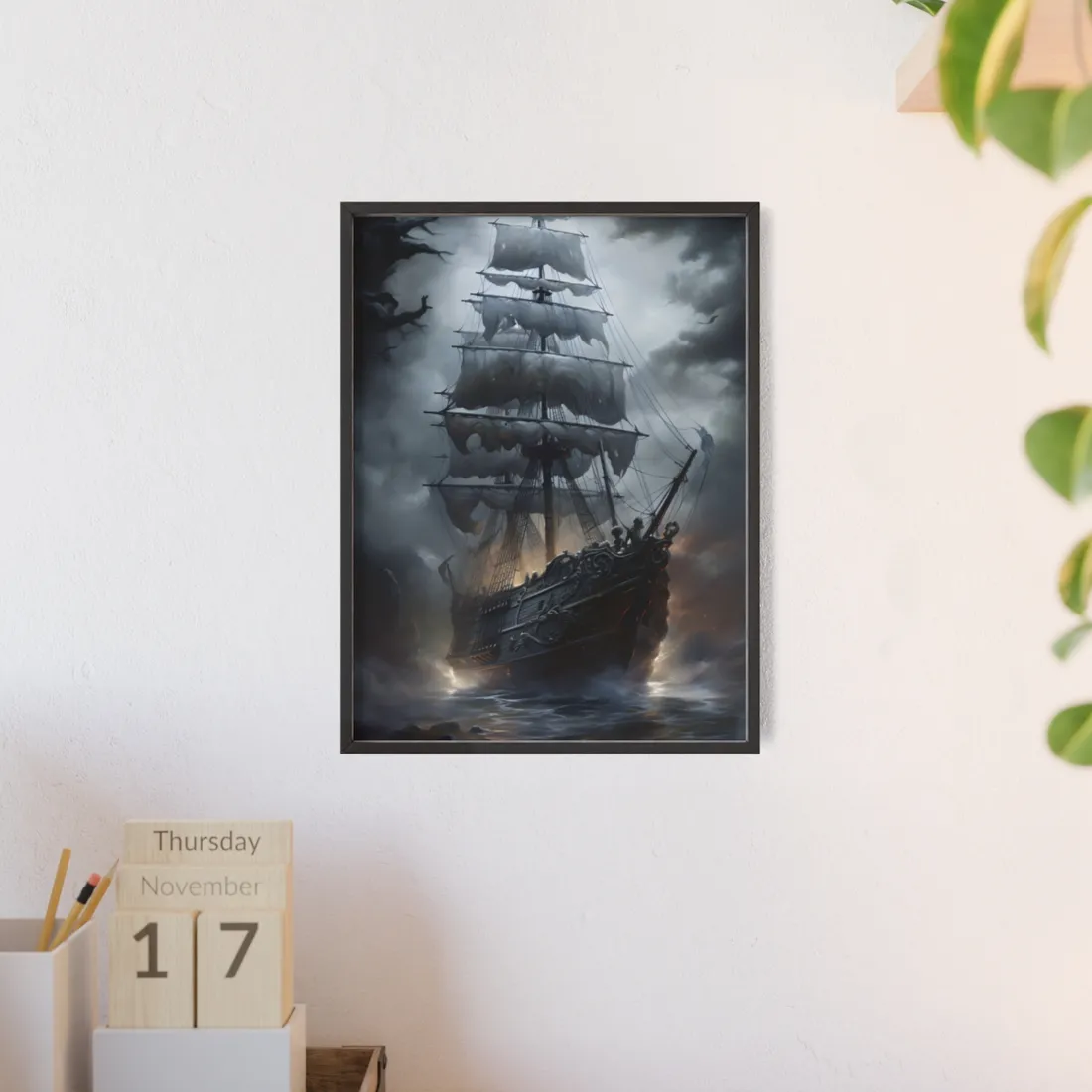 Ghostly Pirate Sails: Abandoned Ship at Sea - Framed Poster