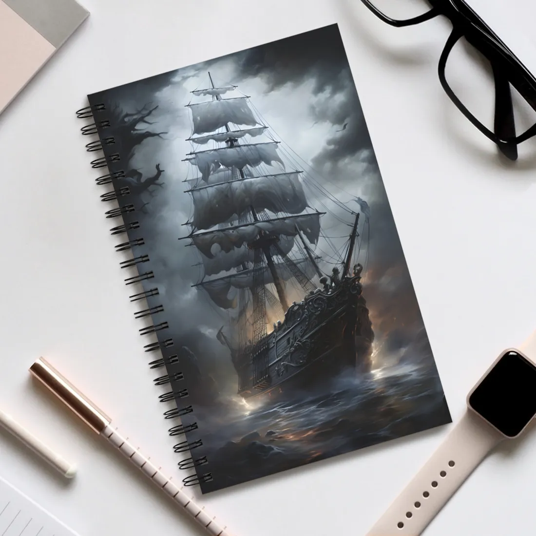 Ghostly Pirate Sails: Abandoned Ship at Sea - Spiral Notebook