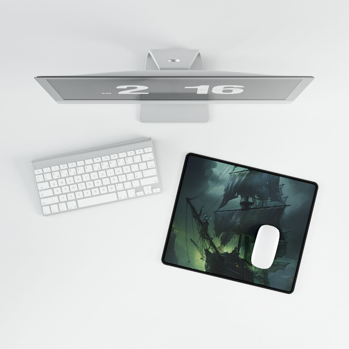 Ghostly Pirate Ship at Twilight: Eerie Ocean Art - Desk Mat