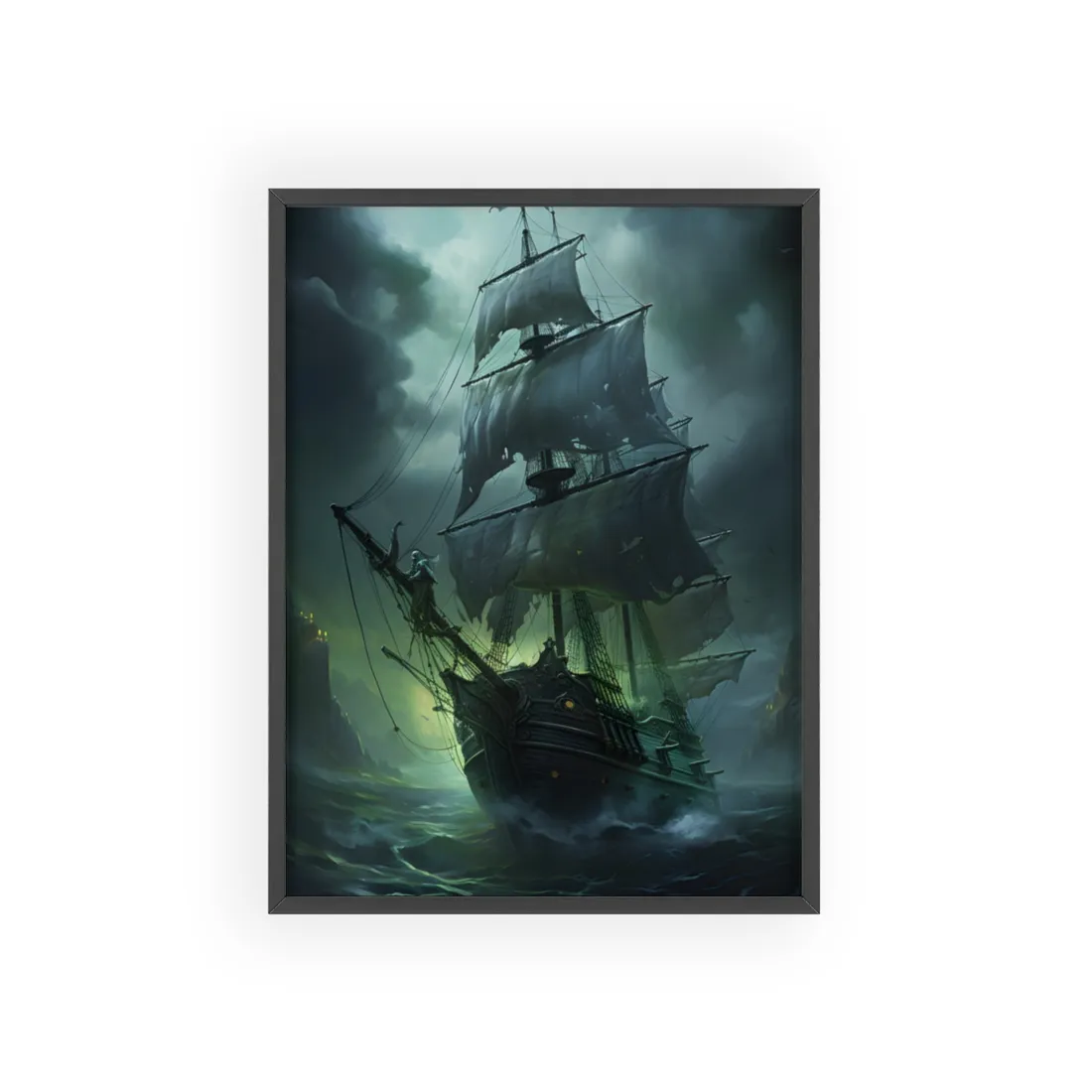 Ghostly Pirate Ship at Twilight: Eerie Ocean Art - Framed Poster