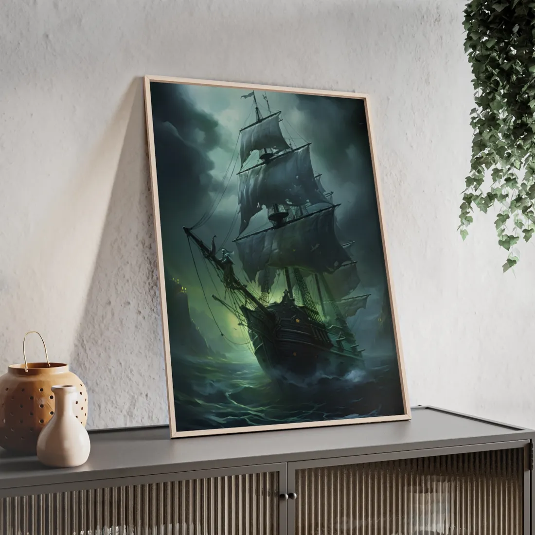 Ghostly Pirate Ship at Twilight: Eerie Ocean Art - Framed Poster