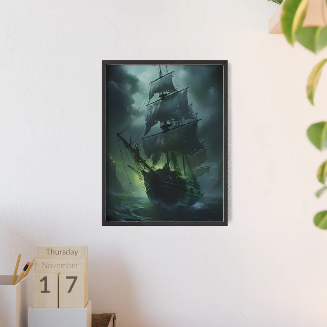 Ghostly Pirate Ship at Twilight: Eerie Ocean Art - Framed Poster