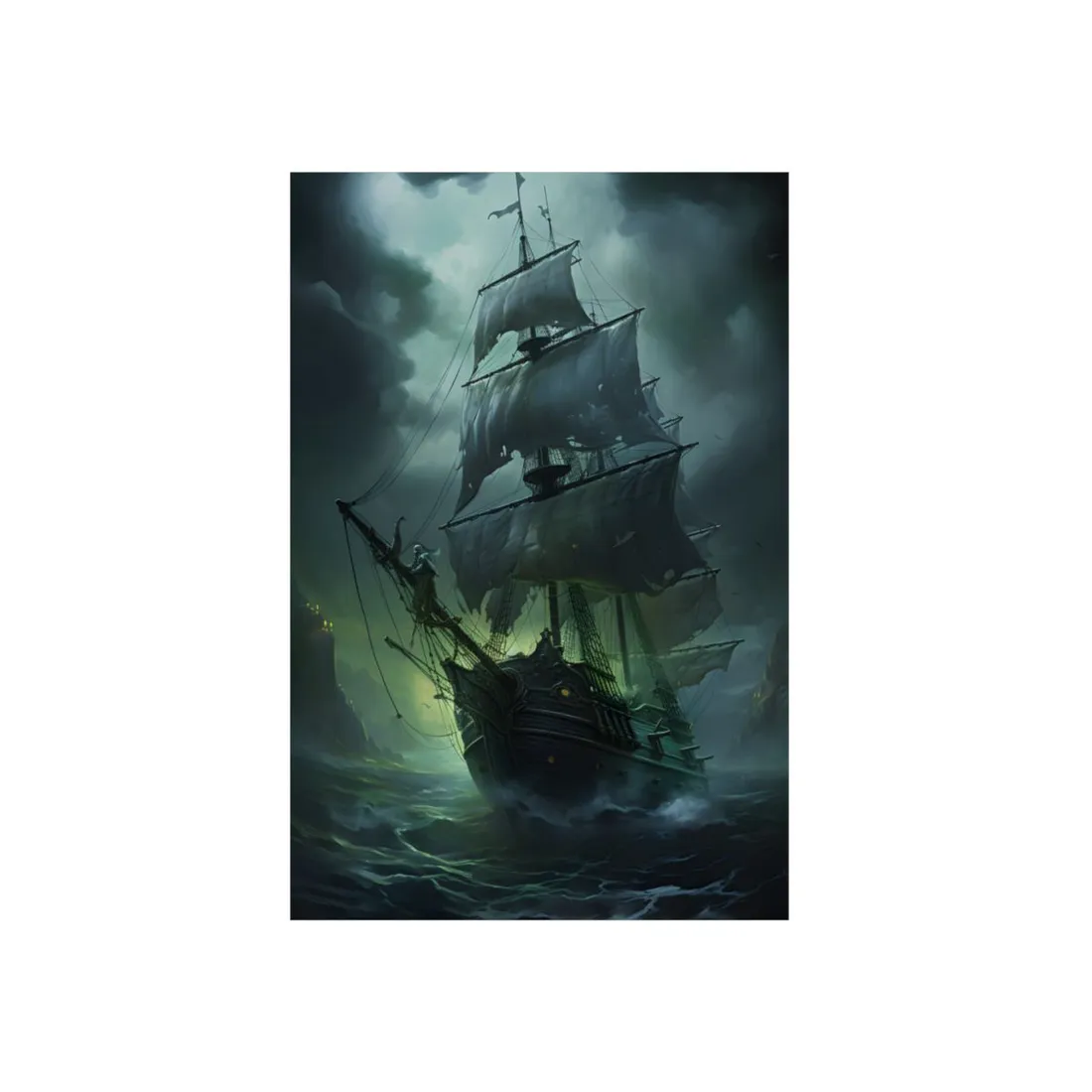 Ghostly Pirate Ship at Twilight: Eerie Ocean Art - Metal Poster