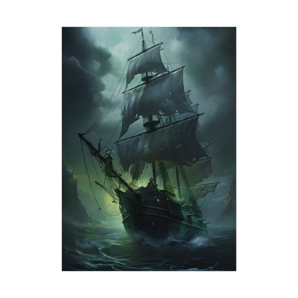 Ghostly Pirate Ship at Twilight: Eerie Ocean Art - Poster
