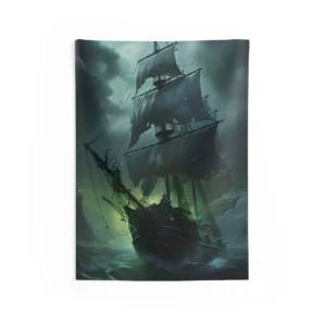 Green Glow Ghost Ship at Night Wall Tapestry