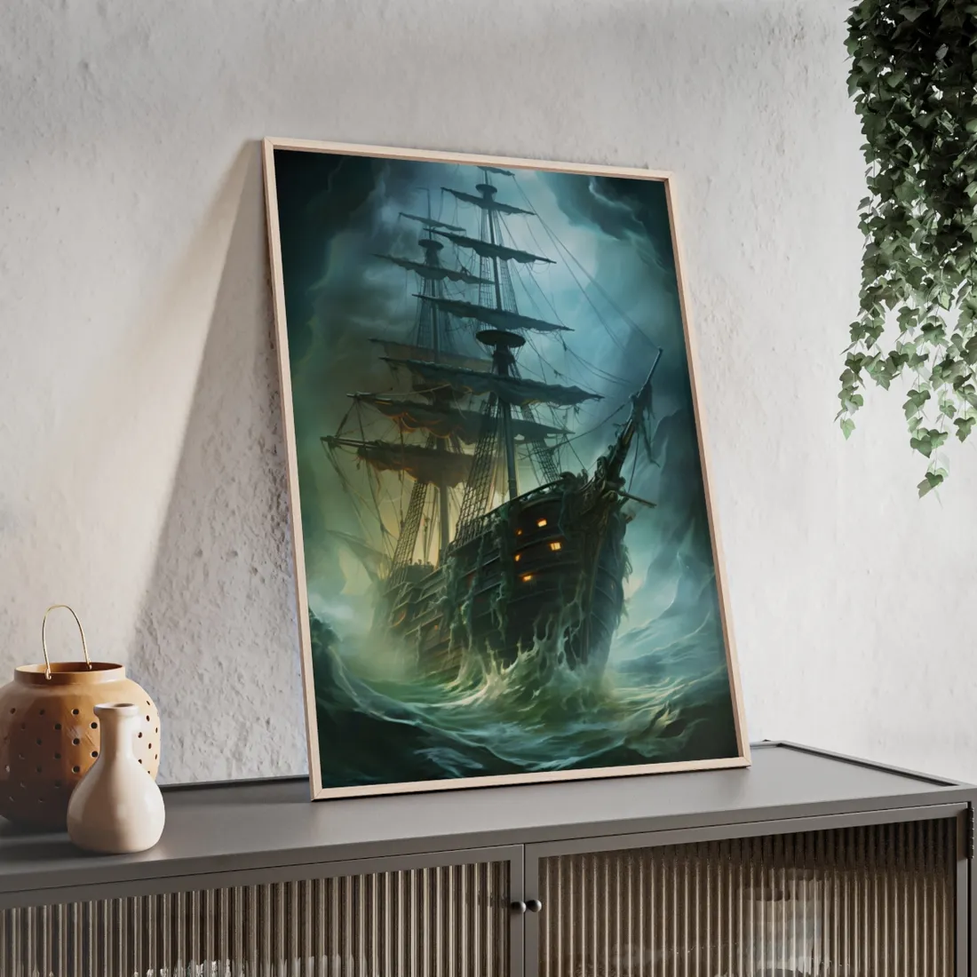 Ghostly Pirate Ship: Mysterious Sailing Adventure - Framed Poster