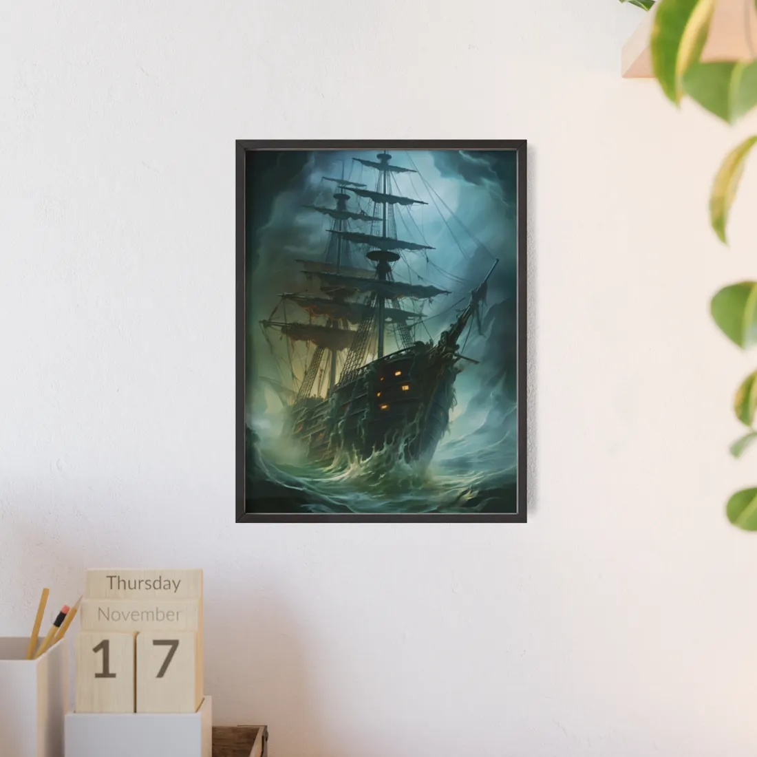 Ghostly Pirate Ship: Mysterious Sailing Adventure - Framed Poster