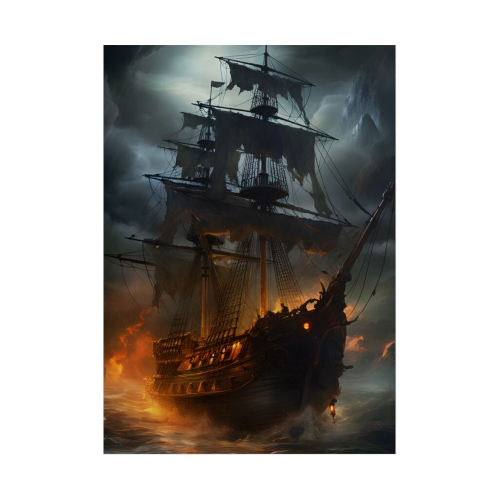 Ghostly Pirate Ship on the High Seas: Mysterious Artwork - Poster