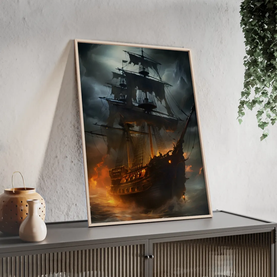 Ghostly Pirate Ship on the High Seas: Mysterious - Framed Poster