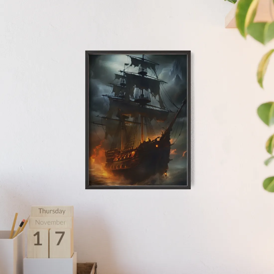 Ghostly Pirate Ship on the High Seas: Mysterious - Framed Poster